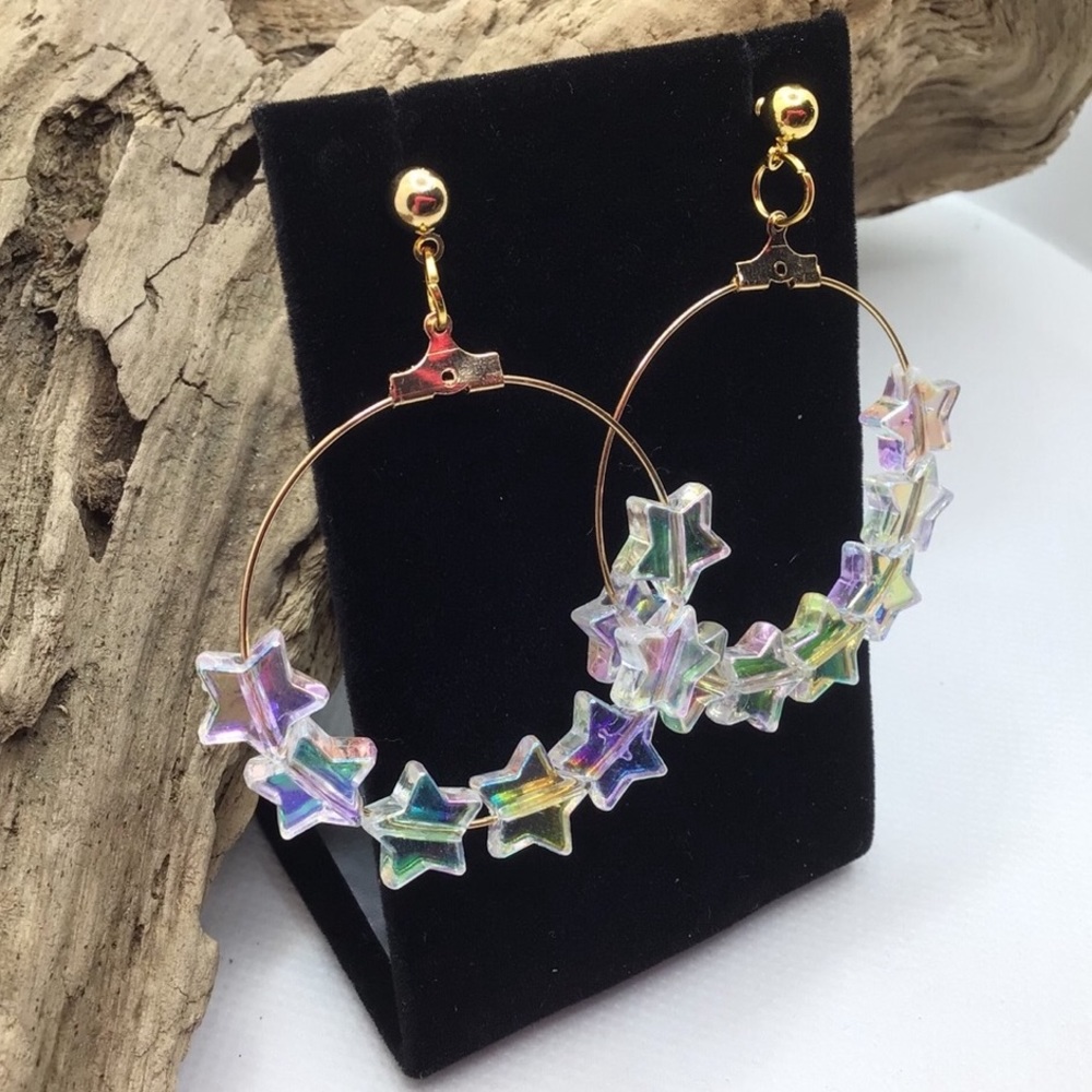 Handmade iridescent stars hoop earrings gold
